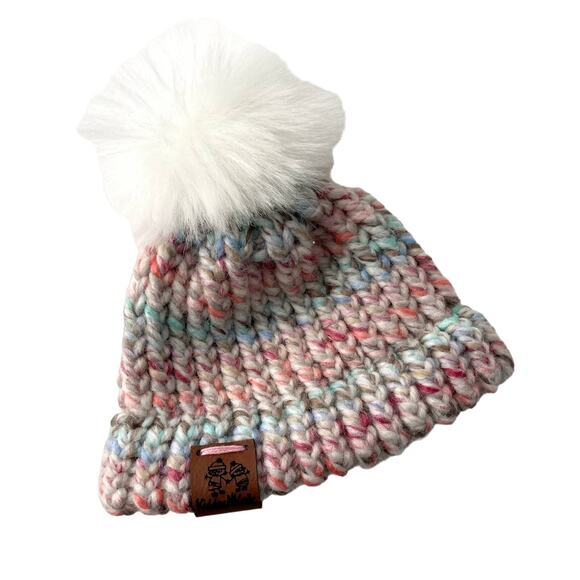 KiddosNKnits Colorful Knit Pom Beanie Hat - Pink Aqua White - NB or 0-3M - Picture 1 of 3